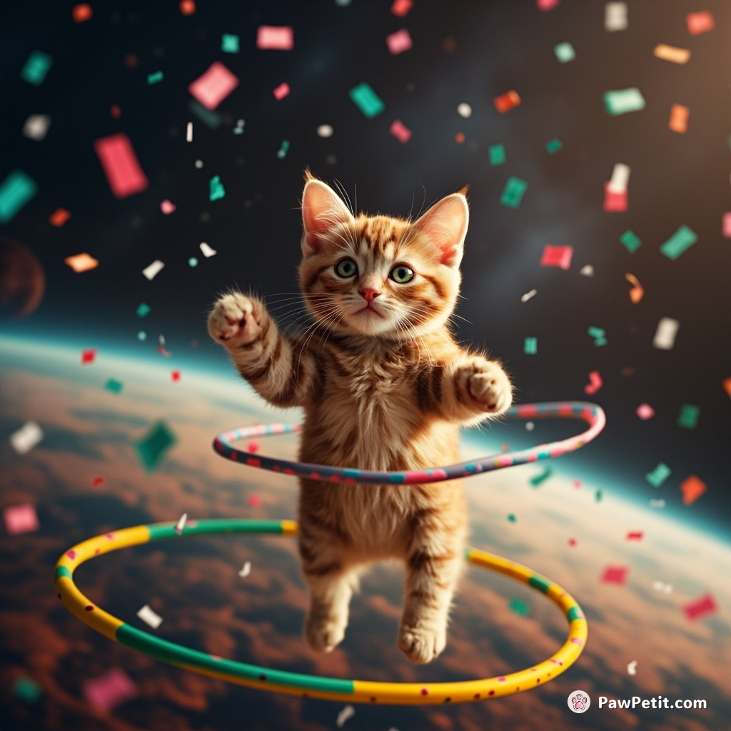 A orange tabby cat throwing celestial confetti in zero gravity while hula-hooping on a multicoloured asteroid.