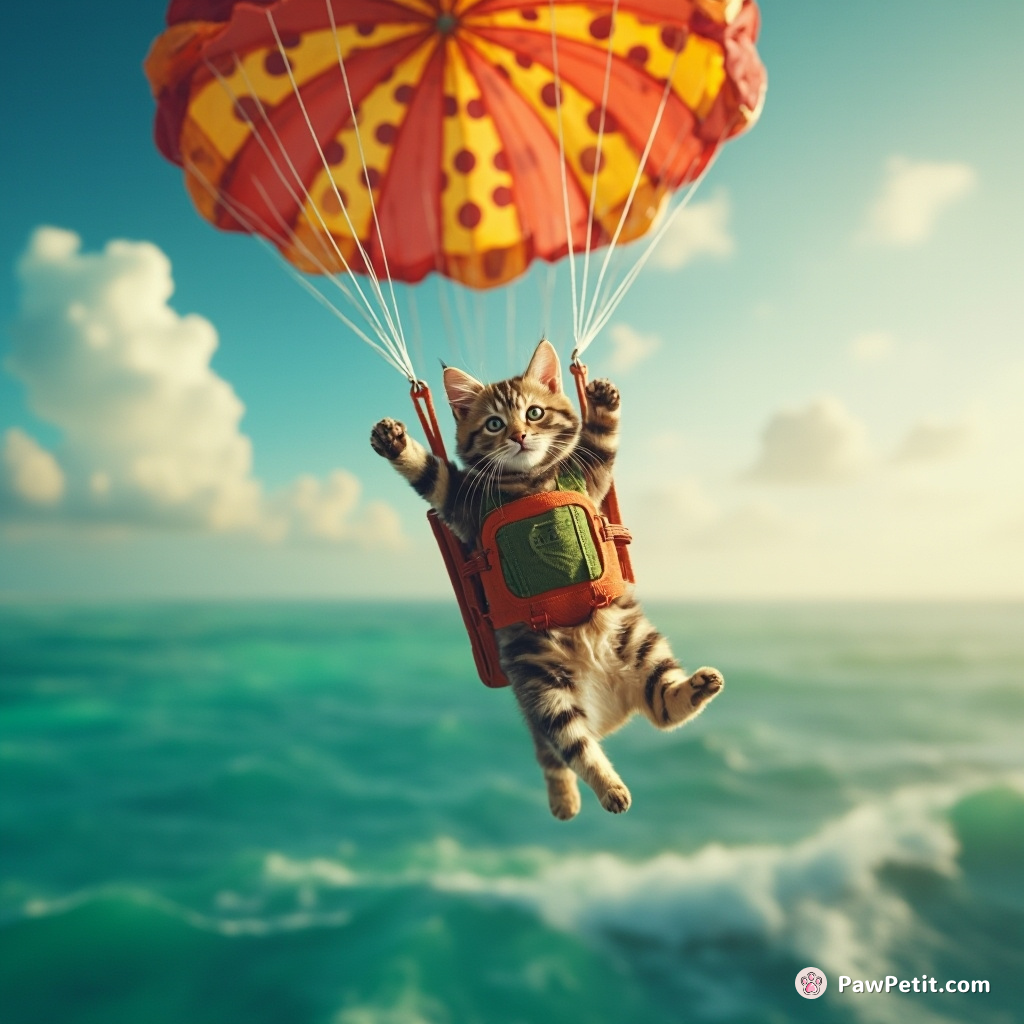 A tabby cat skydiving into a tropical punch ocean with a pizza parachute.