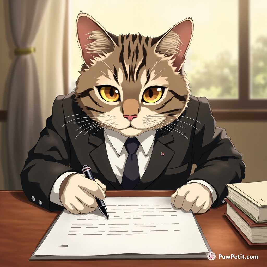 The cat sternly finalizes a mock business contract, carefully pushing down the pen with determined paw.