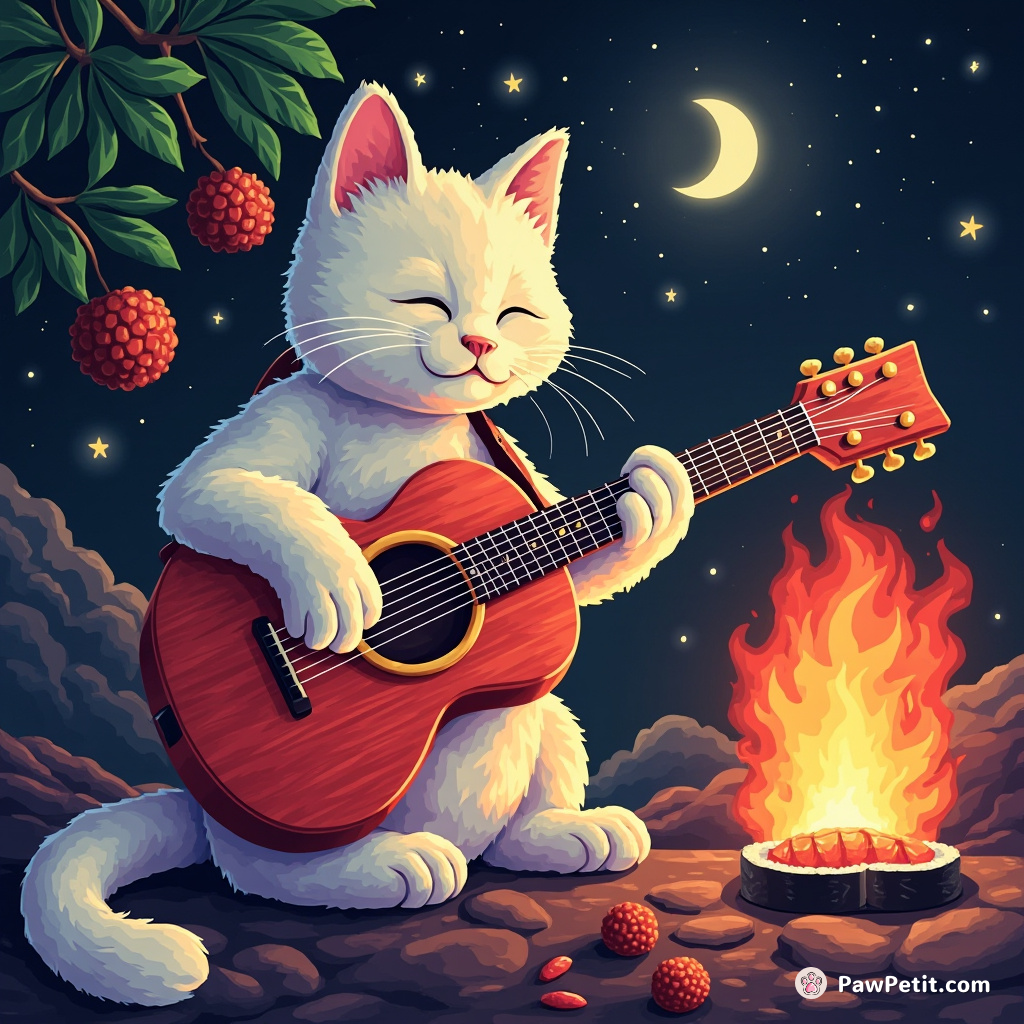 A cat strumming a lychee-shaped guitar beside a roaring sushi fireplace on the moon.
