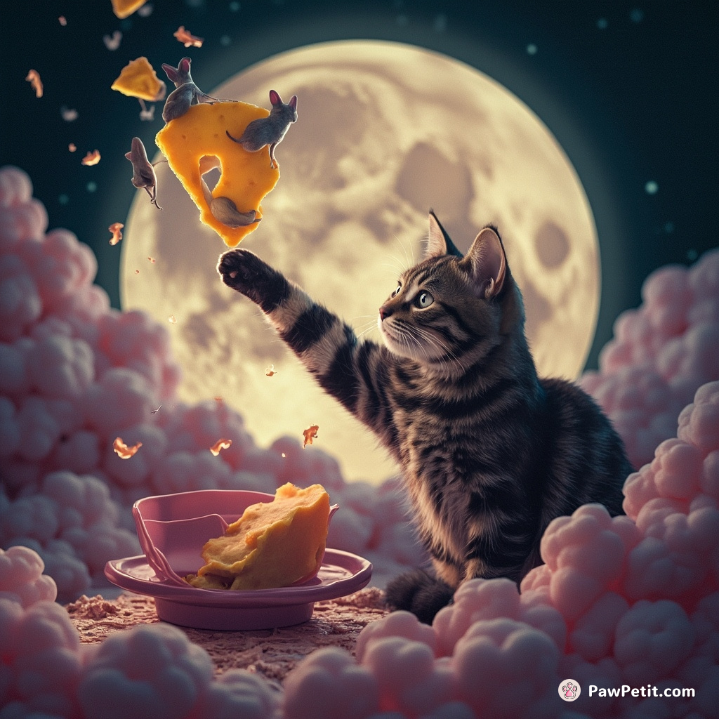 Cat performing a magical spell to turn cheese into mice on the moon.
