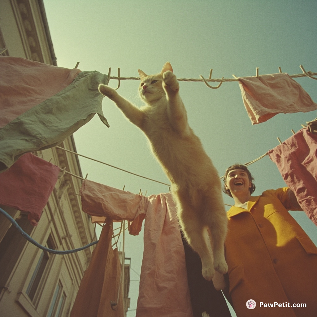 Frantic cat leaps from a spinning clothesline, narrowly dodging flailing laundry and human laughter.