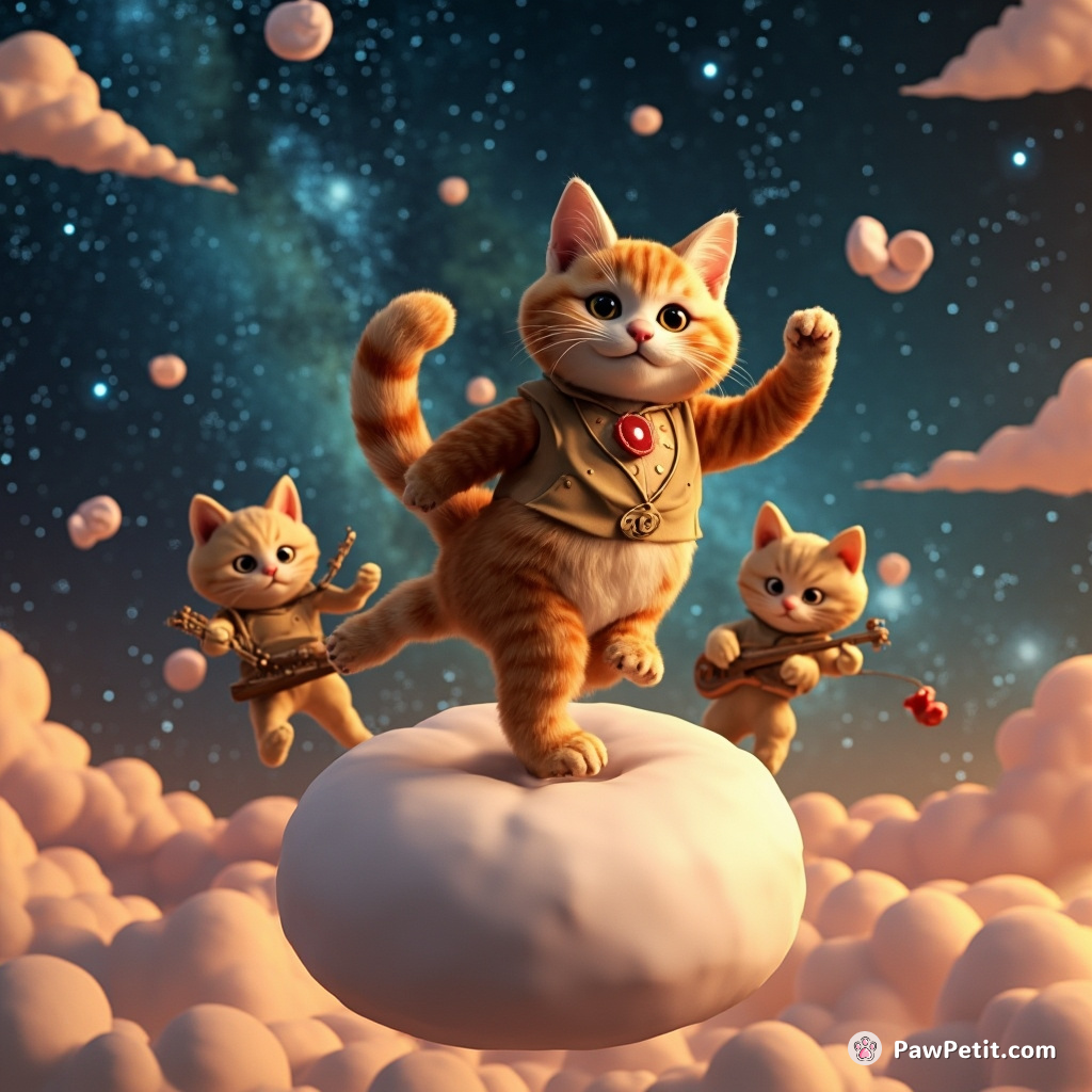 A ginger cat tap-dancing on a floating marshmallow above the milky way, surrounded by alien kittens playing jazz.