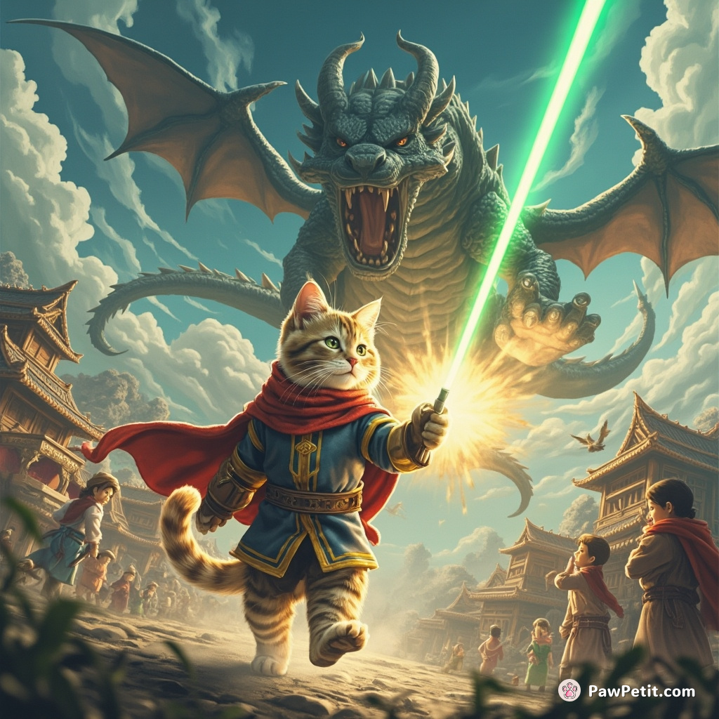 Cat chases laser pointer, inadvertently saves village from dragon, hailed as hero by awestruck villagers.