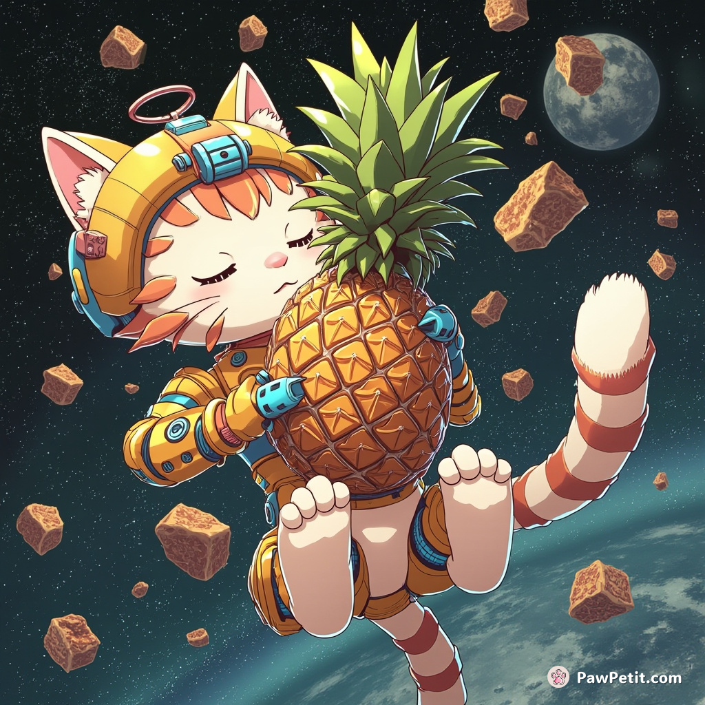Cybernetic cat assembling a pineapple mosaic with telekinesis in zero gravity.