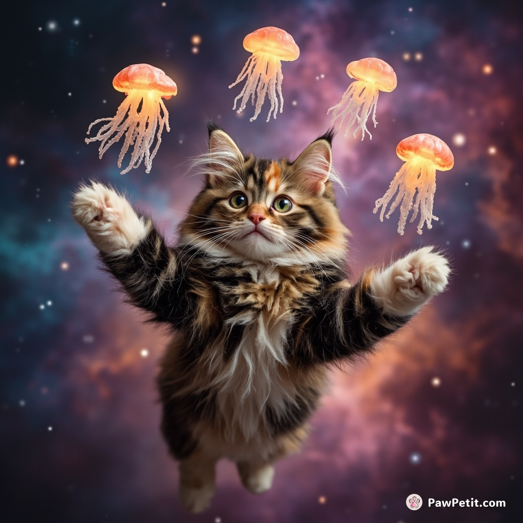 A floating calico cat joyfully juggling with glowing jellyfish across a multi-hued nebula.