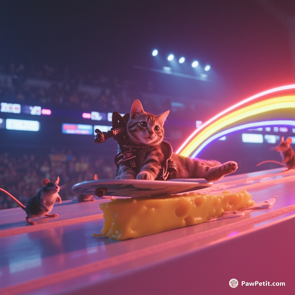 Cat surfing over a rainbow on a slice of Swiss cheese with mice cheering from the sidelines.