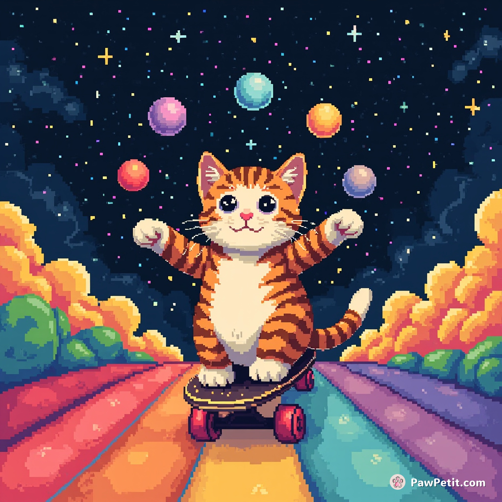 Cat juggling tiny galaxies while riding a skateboard on a rainbow highway.