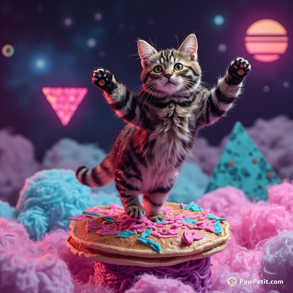 A tabby cat tap dancing on a pancake atop a floating island, in a galaxy made of yarn.