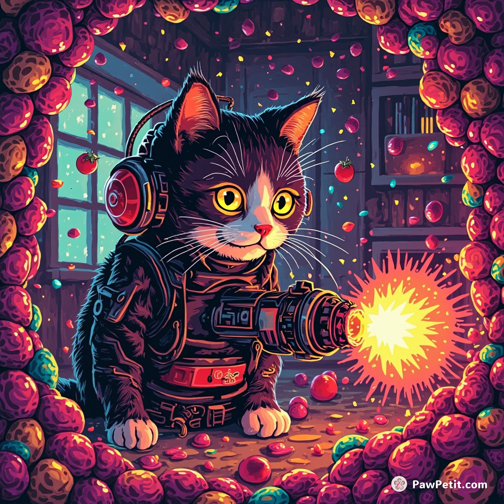 Cybernetic cat defusing a tomato bomb inside a psychedelic candy mansion.