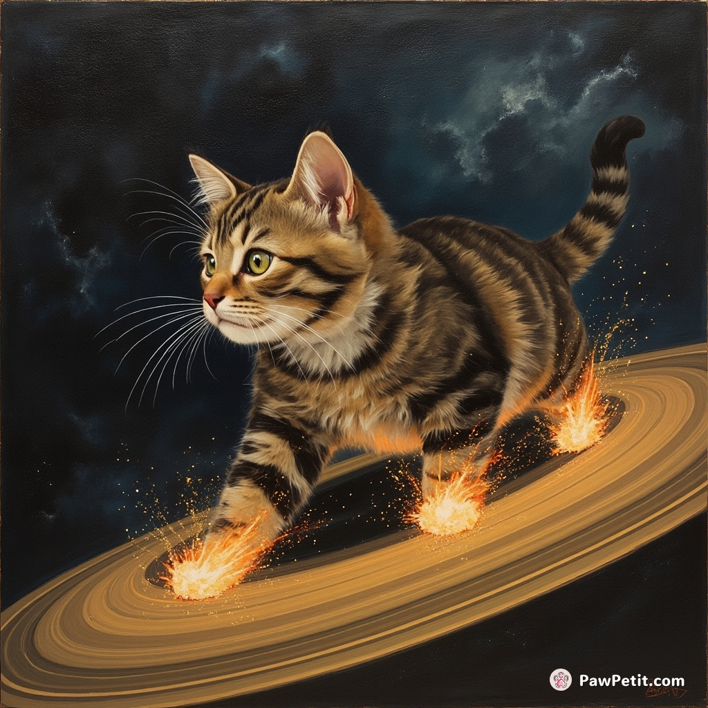 Cat performing a ropewalk on the rings of Saturn, paws blazing in whimsical fireworks.