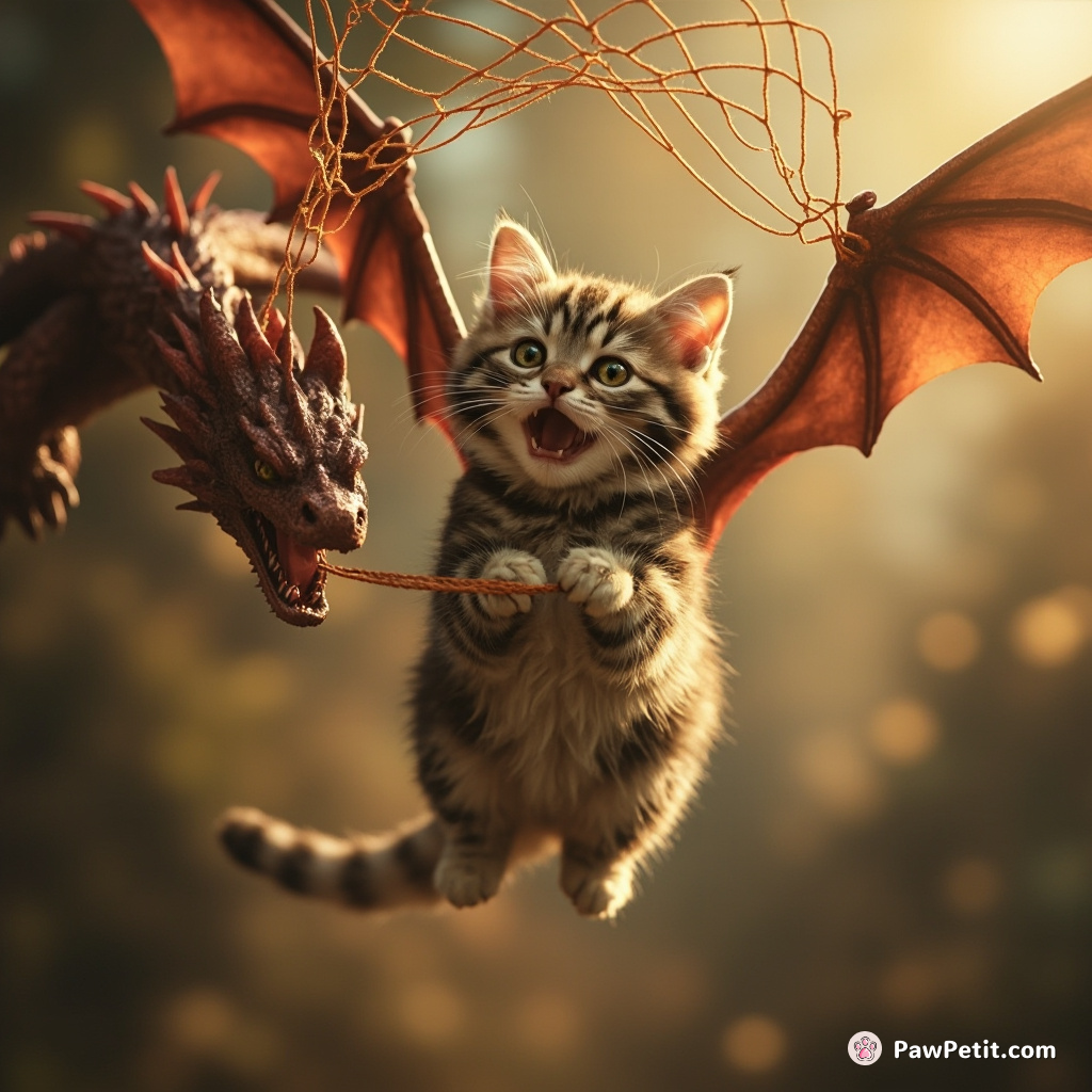 A daring cat outwits a dragon by using yarn to knit a net, trapping it mid-flight.
