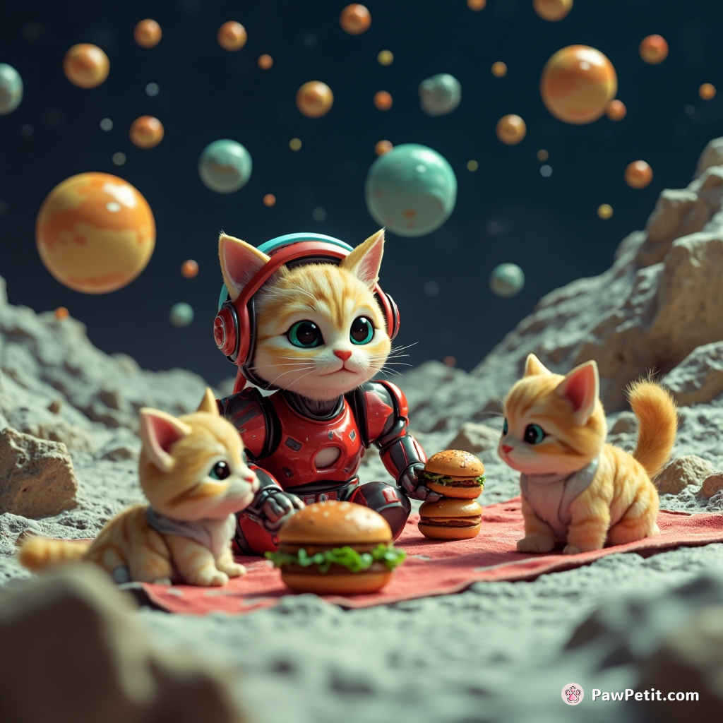 Cyborg cat having a picnic on the moon with alien kittens, while asteroids tumble by carrying cheeseburgers.