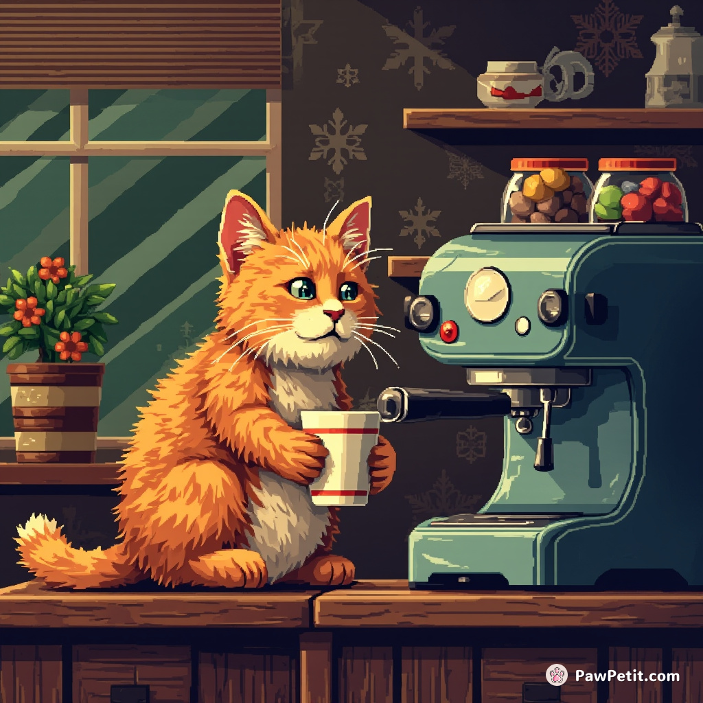 Whiskers the cat secretly operates the coffee machine, serving humans their morning brew with a feline flourish.