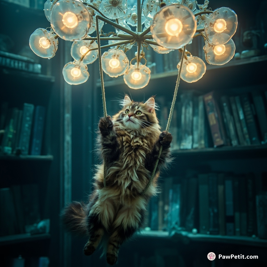 A cat swinging on a chandelier made of glowing jellyfish in a library underwater.