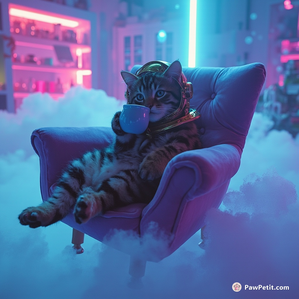 A tiger-sized kitten sipping neon blue tea from a brass diving helmet, suspended in a floating velvet chair amidst the bubble clouds of an antigravity living room.