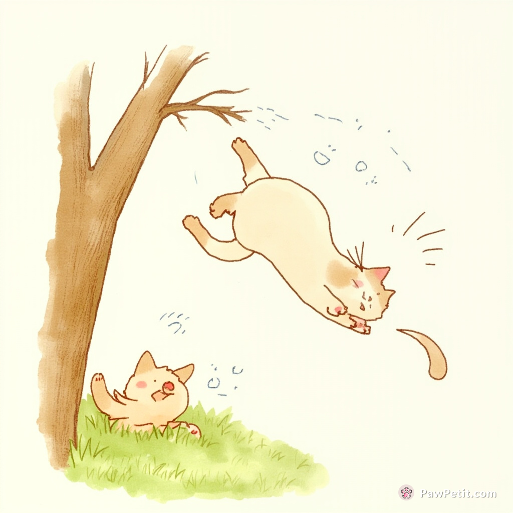 Cat leaps wildly, chasing shadows, rolling in grass, then bolts up a tree, mimicking human parkour with feline flair.