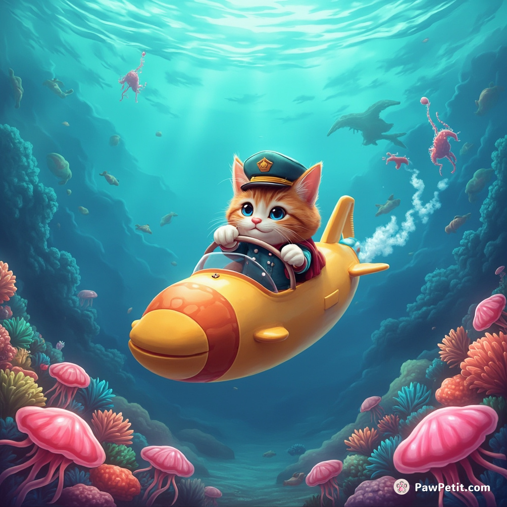 Majestic cat sea-captain steering a jellyfish submarine through an coral garden under deep-blue, soda-pop waves.