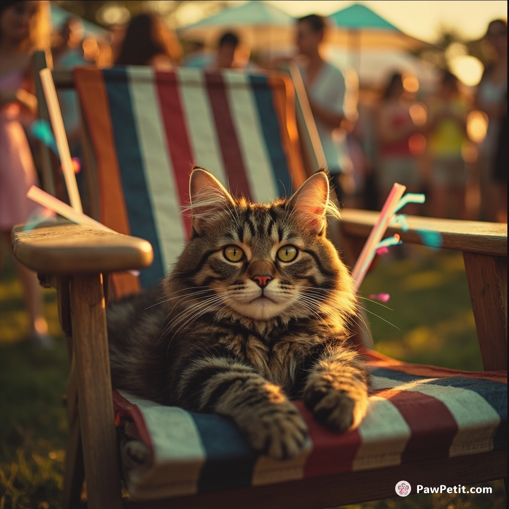 Amid jubilant chaos, the cat basked lavishly on a lawn chair—cocktail straws spinning absently beneath twitching whiskers.