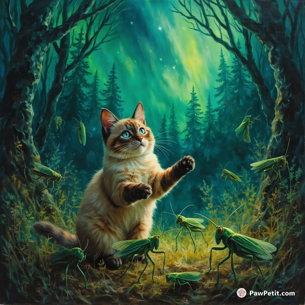 A regal Siamese cat conducting a symphony orchestra of grasshoppers in the middle of an aurora-lit ghost forest.