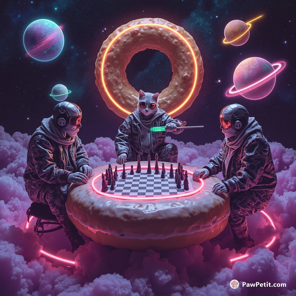 A cat playing celestial chess with renowned physicists on a doughnut-shaped planet.
