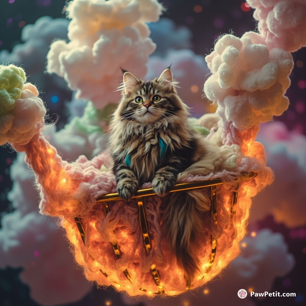 Cat spinning wool from rainbow clouds in a flaming gondola, floating over an alien art festival in zero gravity.