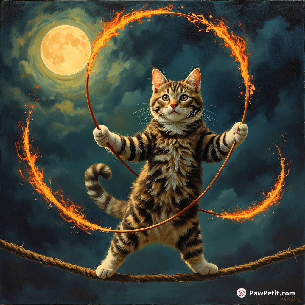 Cat juggling flaming hula hoops on a tightrope under a neon moon.
