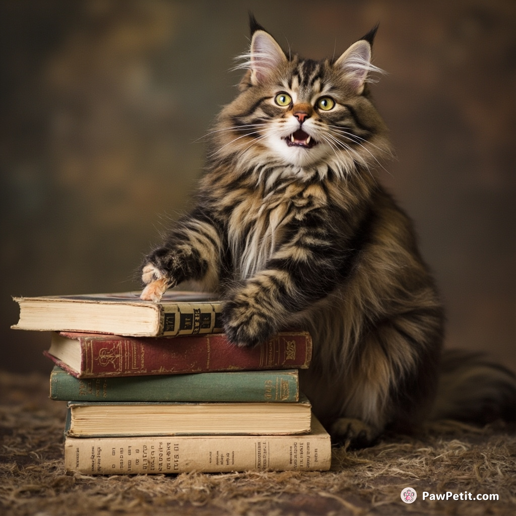 **Cat Action:**  
The cat knocks over a stack of philosophy books, mistaking them for a new scratching post.