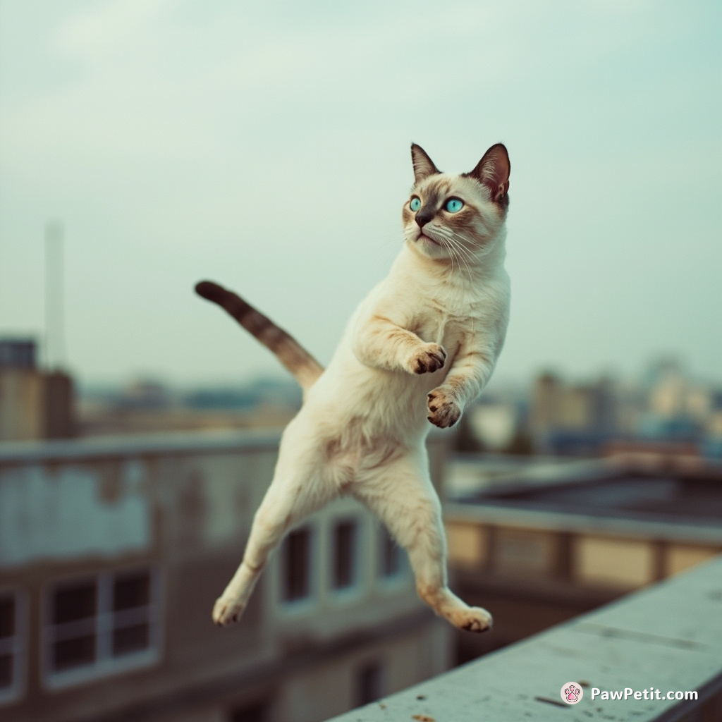 Trousers, the acrobat cat, pioneers a daring roof-to-roof leap, confident that no human could match its gymnast prowess.