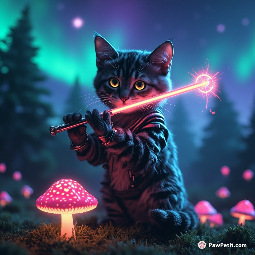 A mysterious cybernetic cat playing an enchanted glowing flute atop a quiet neon toadstool forest under the dancing northern lights.