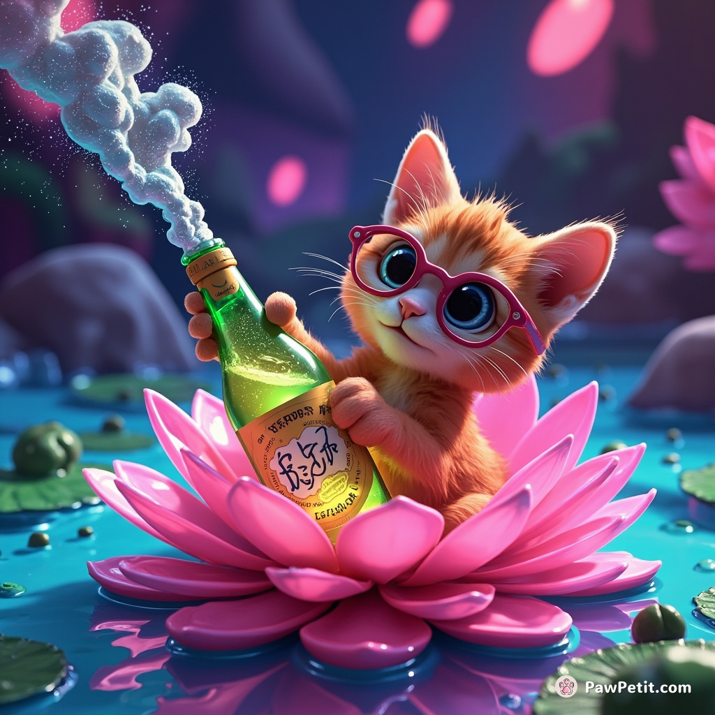A bespectacled cat uncorking a steampunked, sprite-filled bottle on an everfloating water lily in a neon-colored maelstrom.