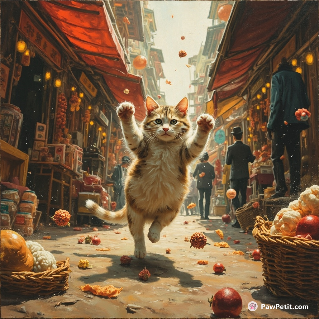In panic, the cat frantically scurries and ricochets through a bustling street market, knocking over items in its path.