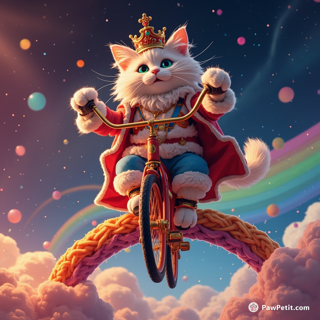 A royal Persian cat king unicycling on a rainbow made of yarn in outer space.