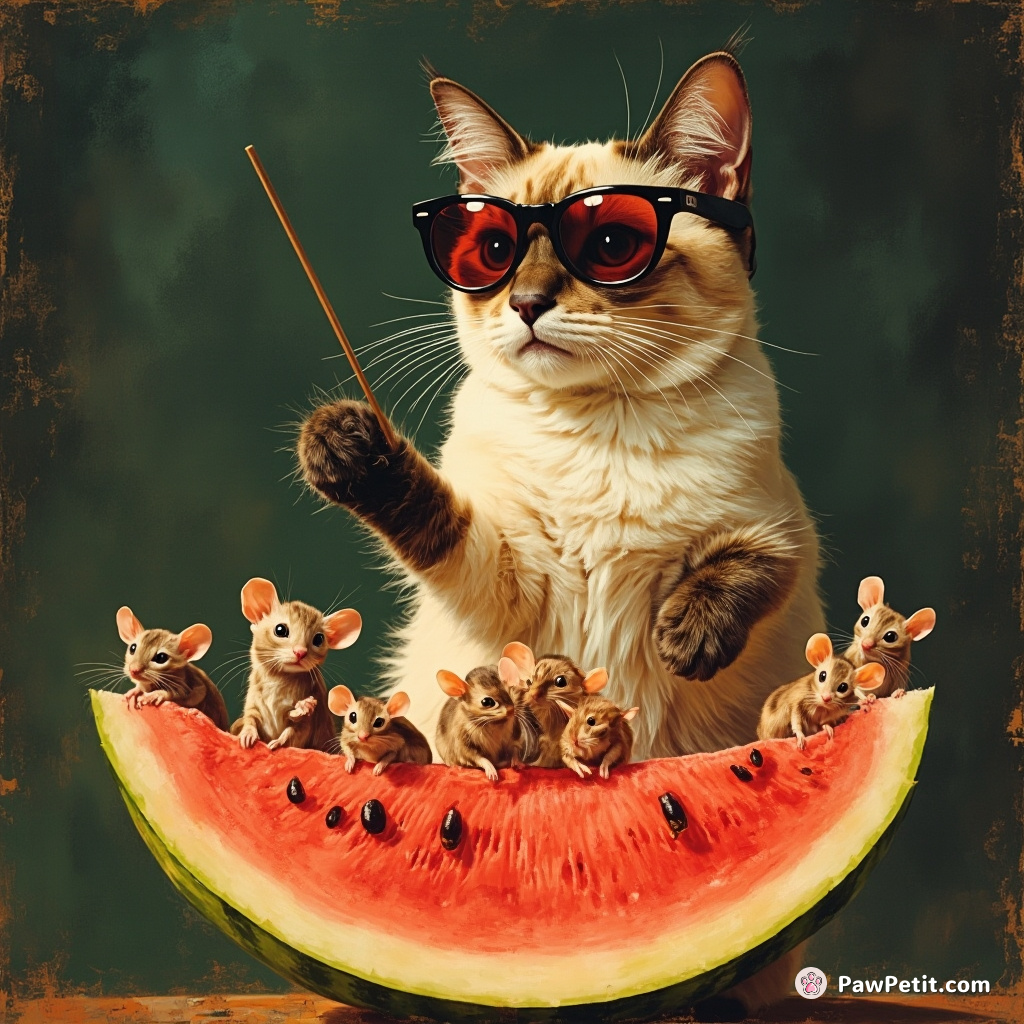 A Siamese cat wearing Anna Wintour's sunglasses, conducting a symphony of mice on top of a watermelon slice.