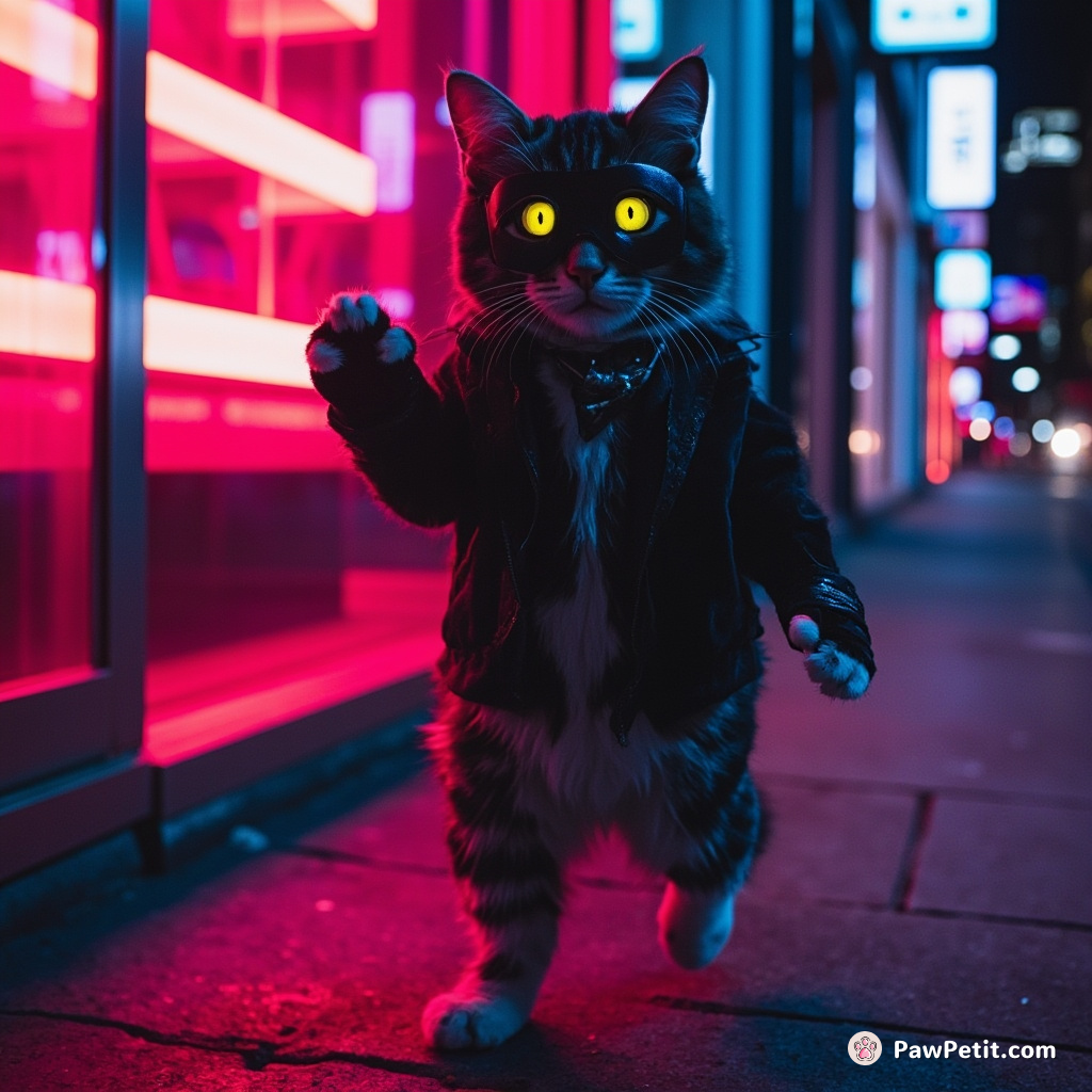 A cat attempts a bank heist, hilariously wobbling on its hind legs with a tiny, mismatched mask and paw gloves.