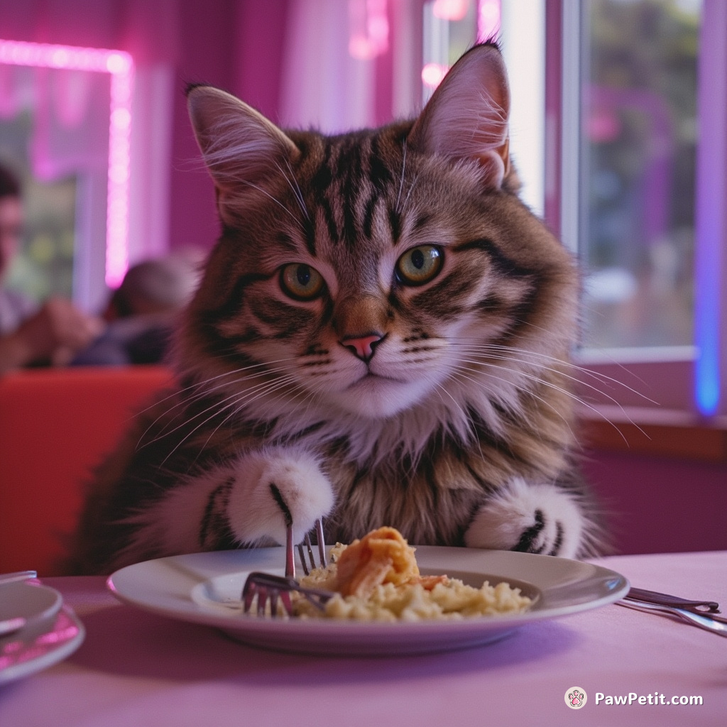 The cat diligently sits at the dinner table, paws neatly folded, pretending to eat with a fork.
