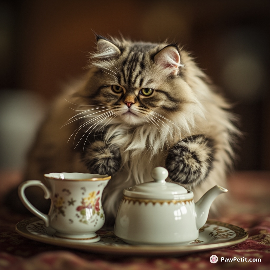 Cat attempts to brew tea, paws sliding off kettle, as it hisses in frustration, longing for human finesse.