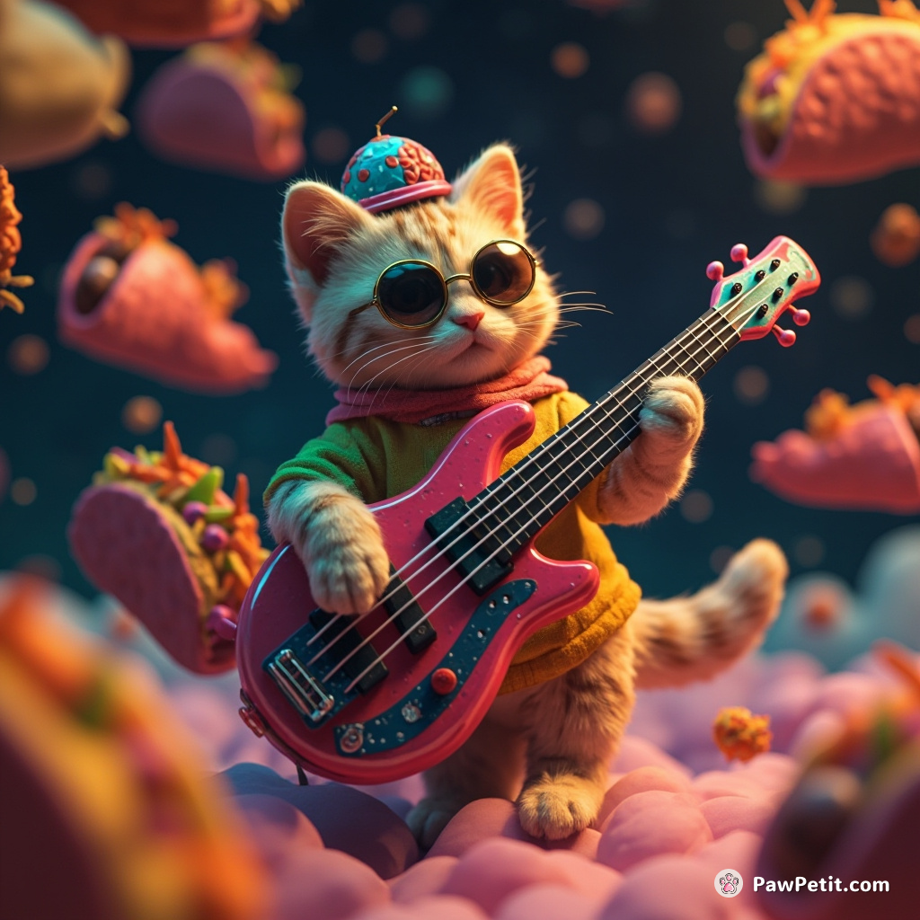 A cat playing a psychedelic contrabass in zero gravity surrounded by floating fish tacos.