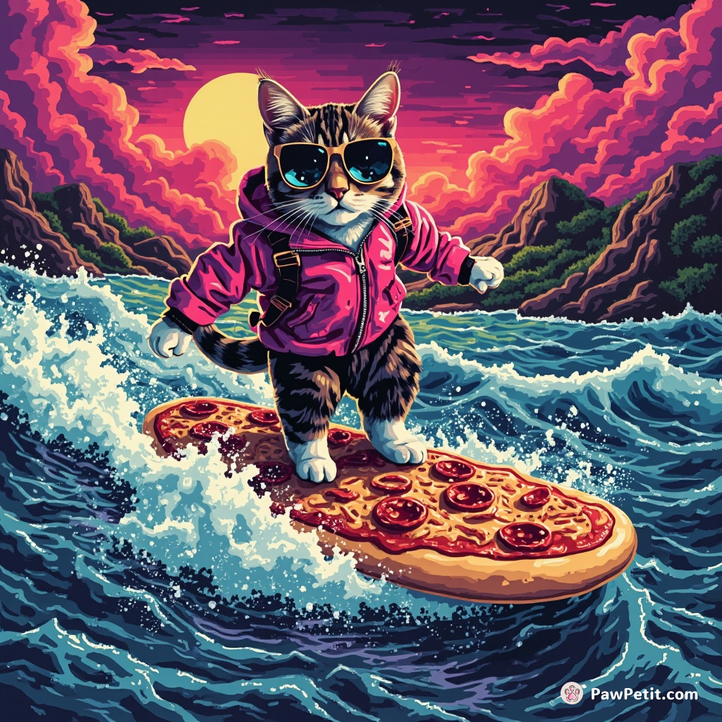 A cat surfing on a pizza slice in an ocean of soda, wearing sunglasses and a retro neon windbreaker jacket.