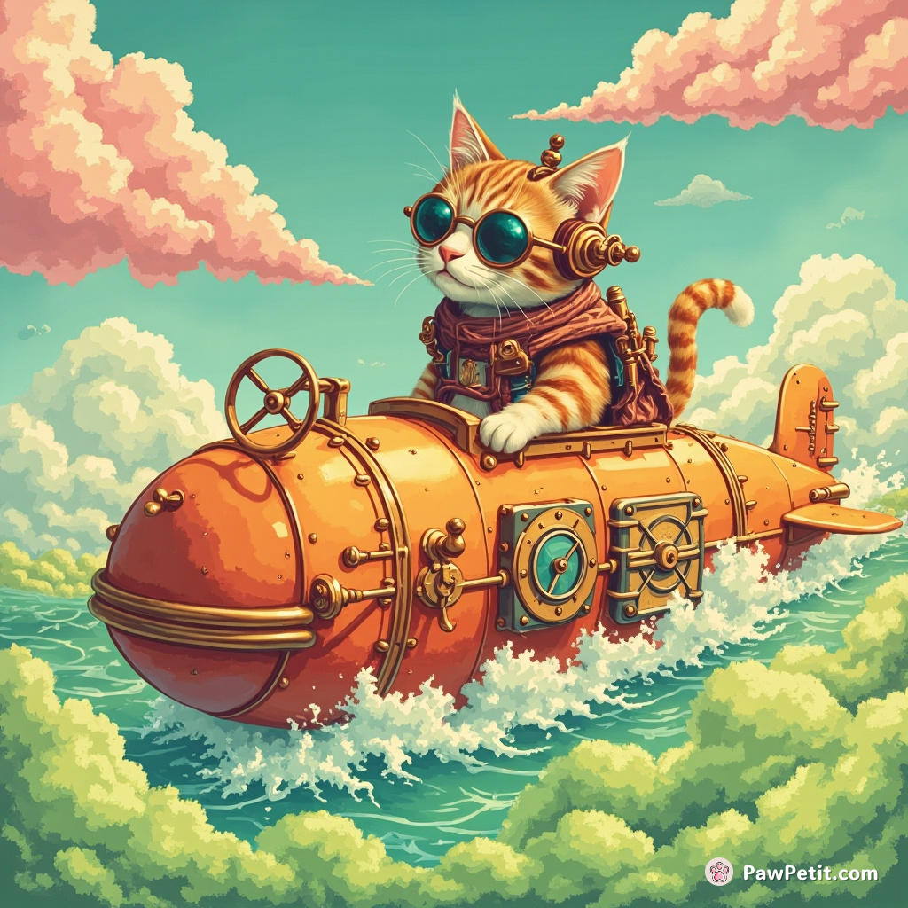 Steampunk cat piloting an orange clockwork submarine through a sea of lime sherbet under the cotton candy clouds.