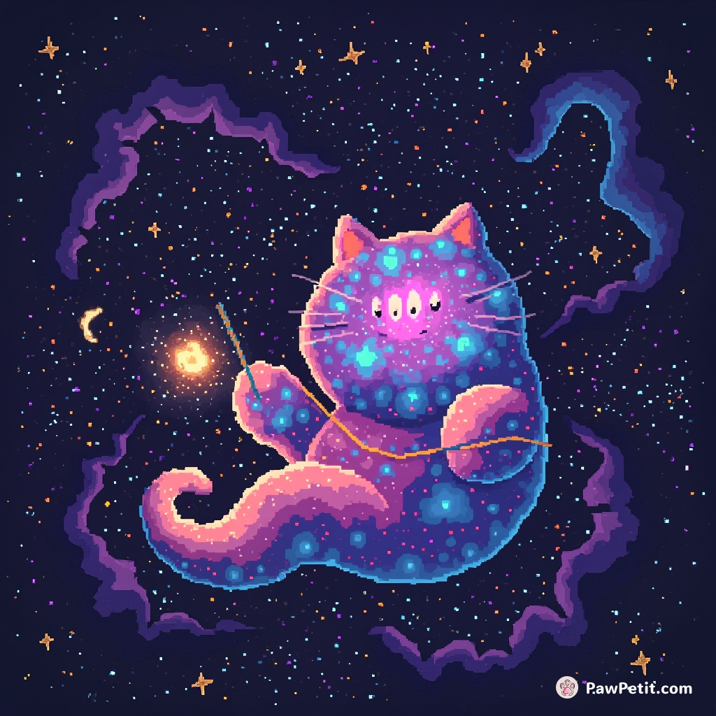 A giant spectral cat using nebulae as yarn while floating in a celestial sea strewn with stars.