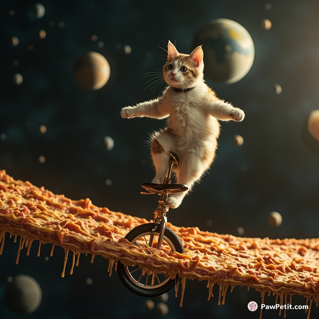 Cat attempting to ride a unicycle on a tightrope made of lasagna in outer space.