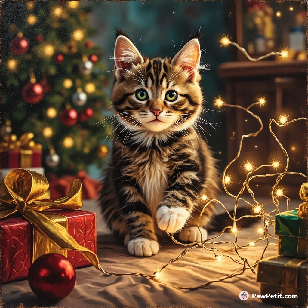 At the bustling Christmas party, the cat's energetic leash-tagging escape during gift unwrapping got her tangled in fairy lights.