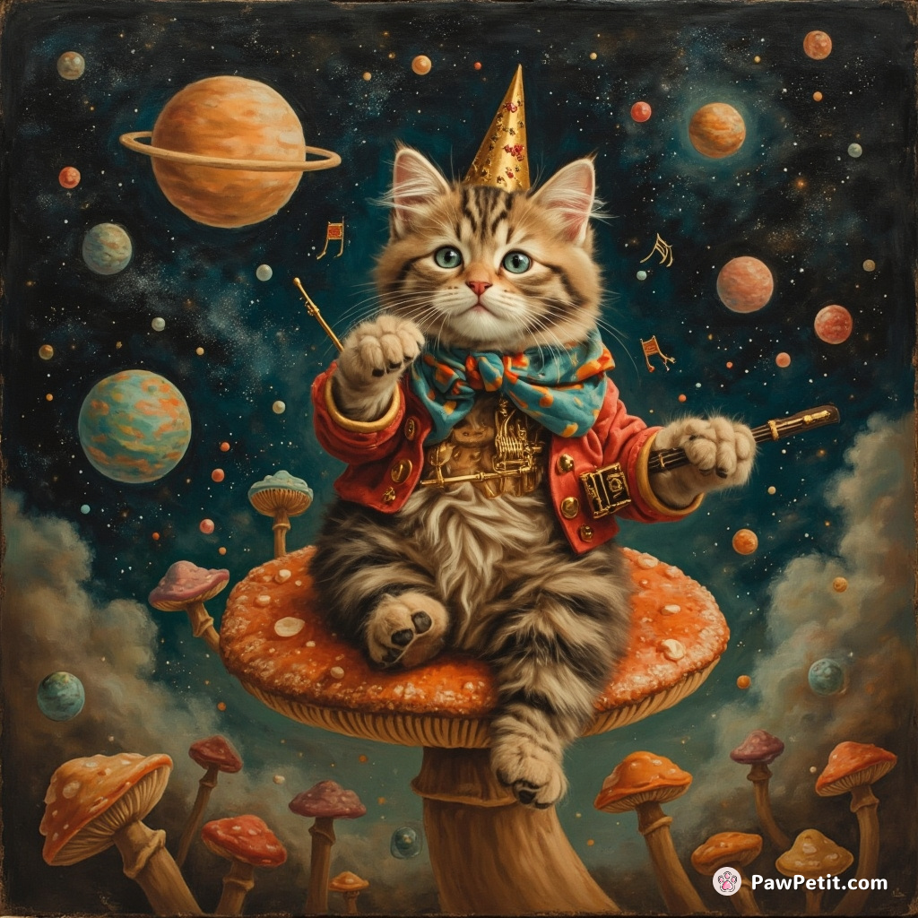 Cat conducting an alien symphony concert on a floating mushroom in space.