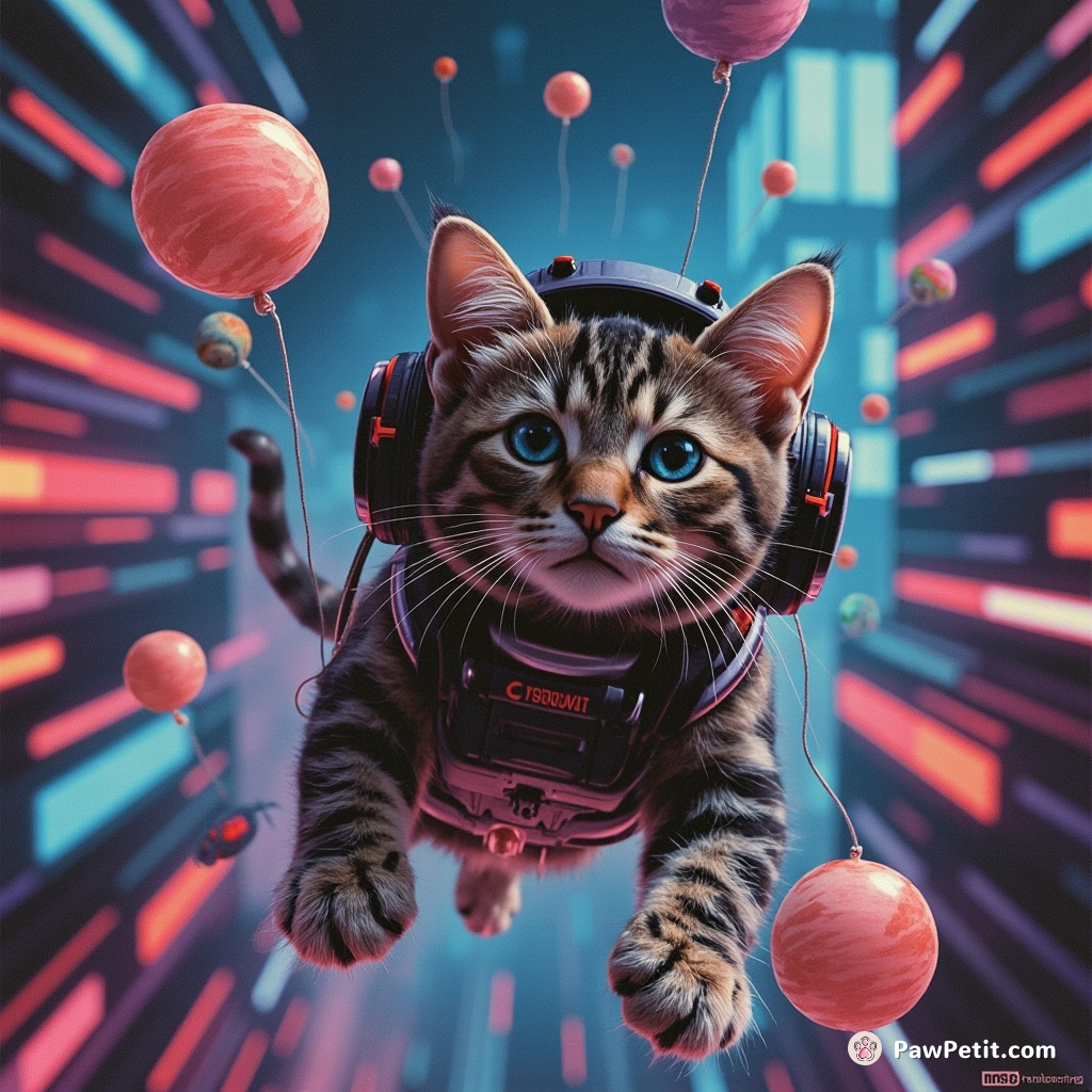 Cybernetic cat flying in a neon cityscape with miniature planets as balloons.