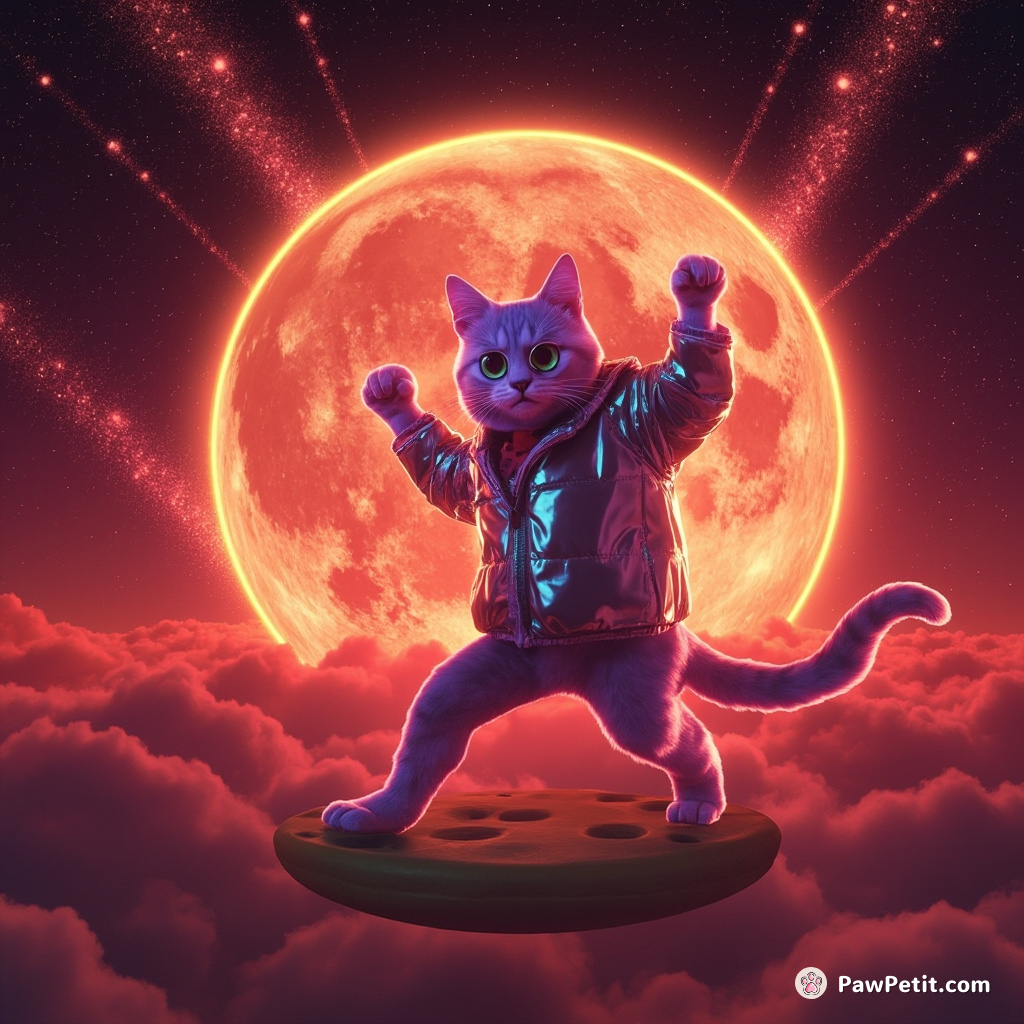A giant neon cat disco dancing on a floating cheese moon, with glittery meteors shooting across the wine-red sky.