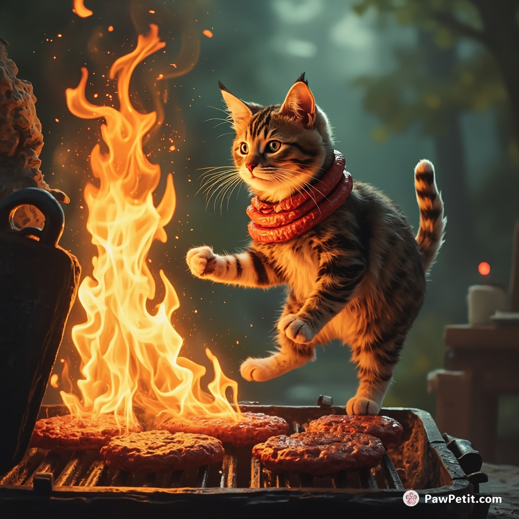 Cat initiates BBQ grill; burger heist backfires, results in hilarious feline-acrobatics with sausage links necklace.