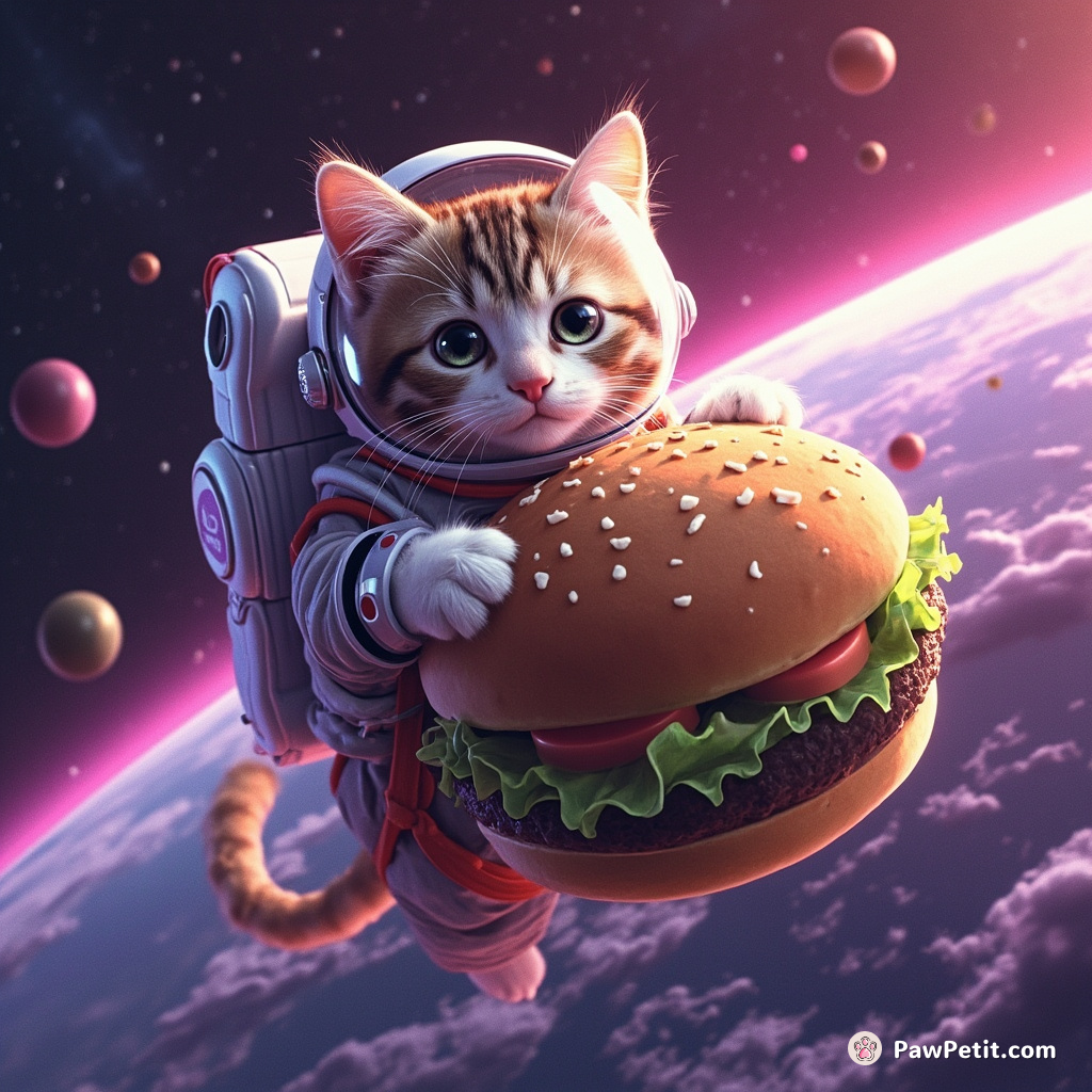 Cat dressed as an astronaut riding a giant cheeseburger through neon-colored-space.