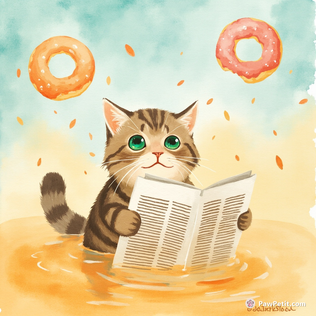 A green-eyed cat reading a newspaper while floating in an apple cider sea under a sky raining donuts.