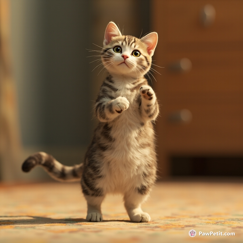 The cat diligently practices walking on hind legs, mimicking human posture with exaggerated grace.